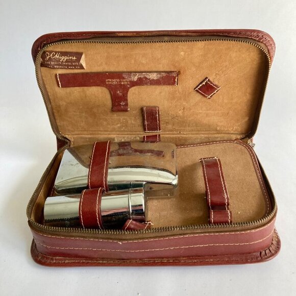 Vintage JC Higgins Leather Travel Shaving Toiletry Kit Aladdin Jon-E Hand Warmer - Picture 1 of 14